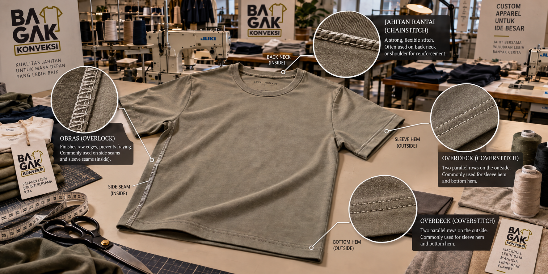 jahitan obras pada bagian dalam kaos; jahitan overdeck pada kelim kaos; jahitan rantai penguat bahu kaos