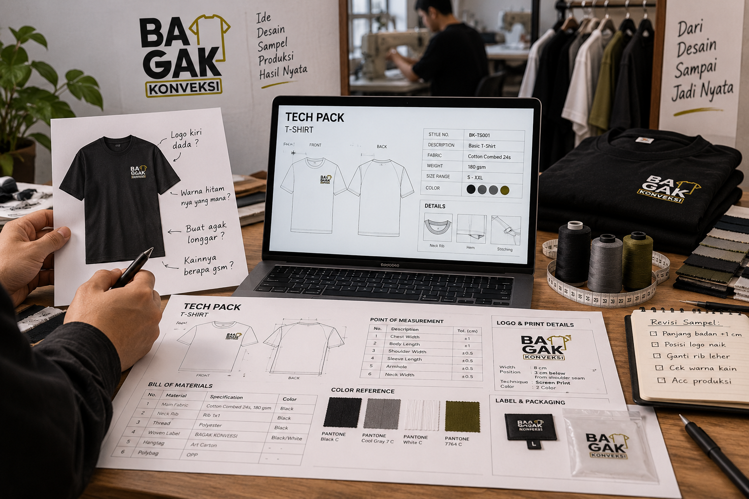 contoh tech pack kaos untuk produksi; tabel ukuran dalam tech pack pakaian; spesifikasi bahan dan sablon kaos