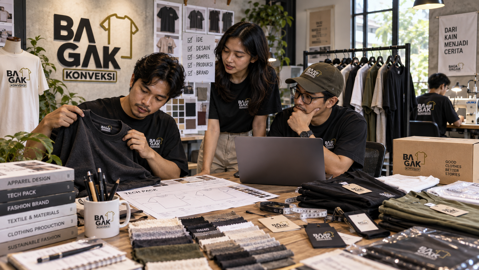 kaos private label dengan label merek sendiri; proses sampel clothing brand; produksi kaos merek sendiri di konveksi